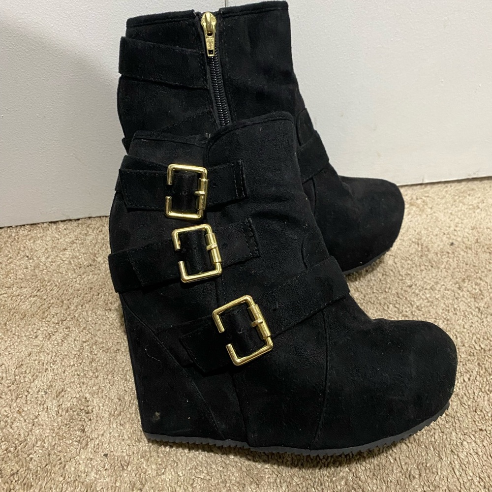 Soda Black and Gold Wedge Ankle Boots with Buckle Straps